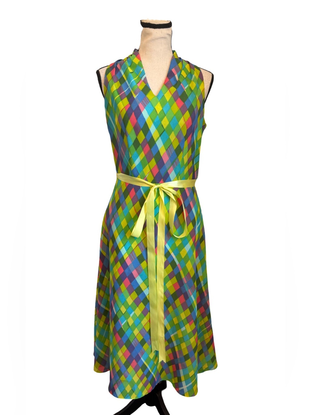 Vintage David Warren Argyle Print Midi Dress Belted Sleeveless USA Sz 4